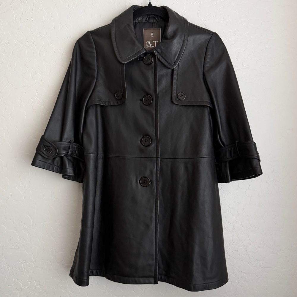 A.T Atsuro Tayama Women's Leather Trench 3/4‎ Sleeves Coat Black Sz 40